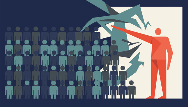Large crowd of blue-toned figures pointing fingers in accusation at a single highlighted orange figure standing on a white block.