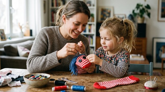 Mother and daughter happily sewing a handmade sock puppet together at a wooden table