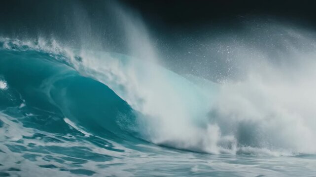 Massive ocean wave cresting and breaking with white foam and spray against a dark background, oceanographic power