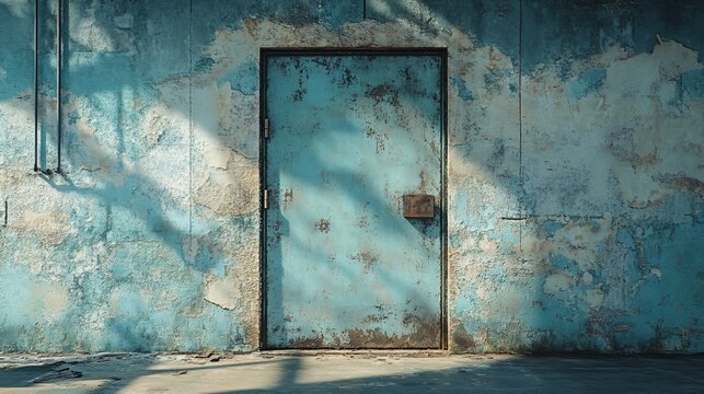 Rusty metal door stands in weathered blue wall, with shadows in factory