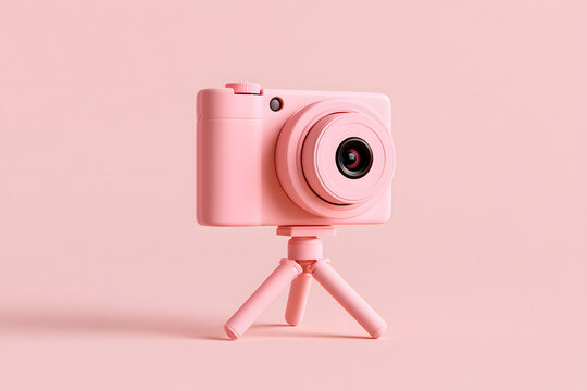 Cute pink camera with lens sits on a small tripod against a pastel background. The modern device is ready for content creation and social media posts. It is a minimalist studio setup for digital produ