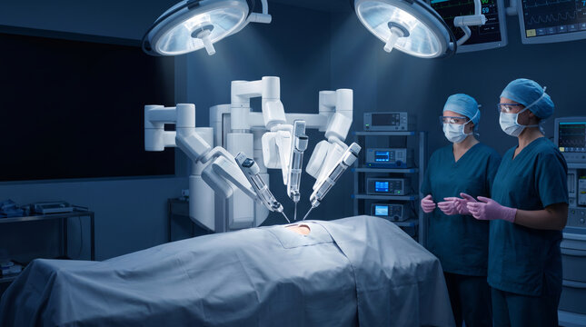 Robotic surgery surgical arm operation team hospital. futuristic future automation innovation. health care medicine treatment, doctor surgeon precision surgery