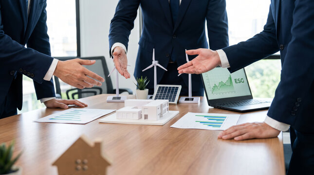 Corporate meeting discusses ESG report strategy with wind turbine model and charts. Environmental social governance sustainability. business strategy planning chart, teamwork responsibility