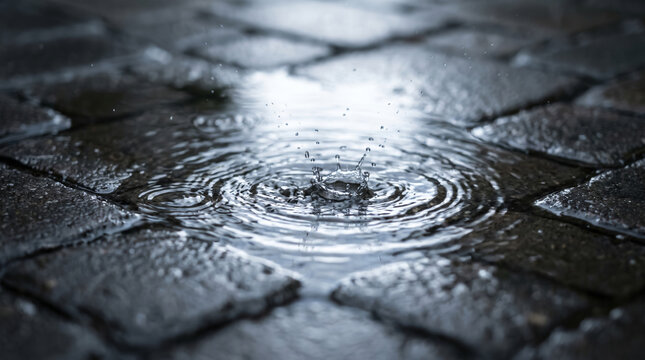 Heavy rain creates reflection and ripple puddle over dark cobblestone. Urban city flooding hazard. stormy rainstorm weather climate, wet water raindrop splashing