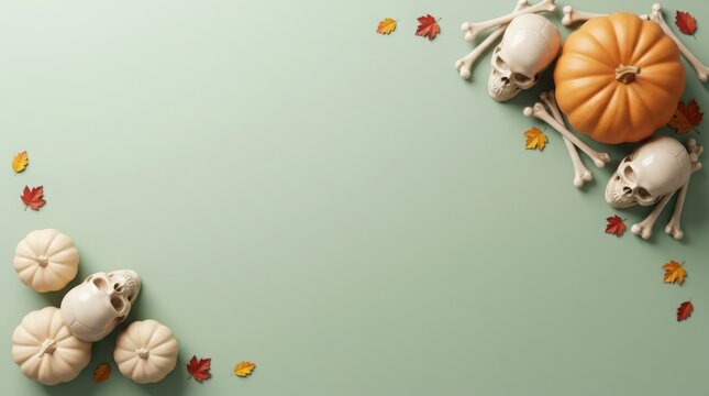 Halloween pumpkins and skulls scattered on a soft green background with autumn leaves