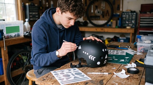 Teenage boy customizing a black helmet with geometric stickers in a workshop setting
