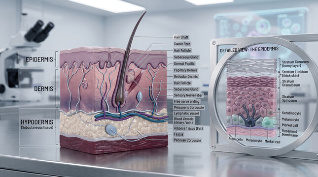 Detailed anatomical cross section model of human skin showing layers and hair follicle in medical laboratory