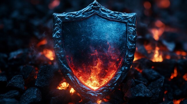 Shield burning amidst hot coals, protection against fire