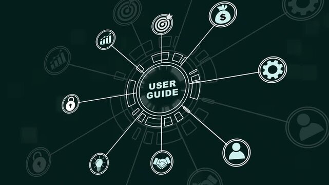 Interactive user guide digital interface featuring animated hud business network connectivity nodes, and futuristic data visualization for corporate training and tech tutorials