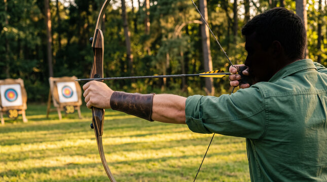 Focused male archer aiming wooden bow at distant targets during sunny afternoon in forest clearing
