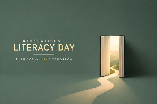 Open book revealing a magical path toward sunny mountains representing international literacy day concepts in a creative minimalist digital illustration
