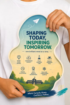 Person holding a decorative school promotional flyer featuring vibrant illustrations and informative icons for an academic campus marketing campaign advertisement