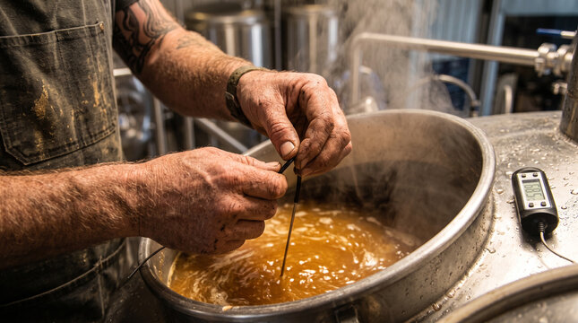 Experienced brewer monitors temperature of steaming beer wort inside a large stainless steel industrial kettle