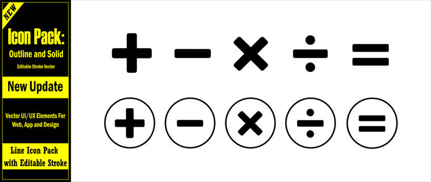 Minimalist Update Icon Vector Basic mathematical operators and circular math symbol buttons featuring plus minus multiplication division and equality icons in black vector.
