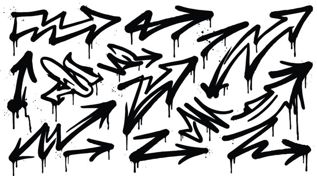 Hand drawn graffiti arrows with overspray, grunge curved arrow pointers. Black spray paint arrow signs with dripping ink and splatter, bold direction marker, urban street art elements vector set