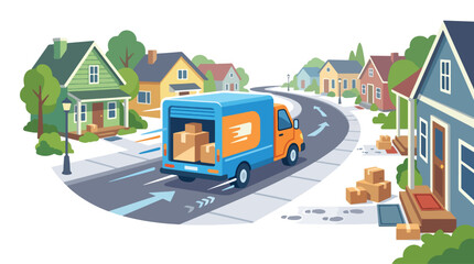Naklejka premium Delivery truck driving through a suburban neighborhood