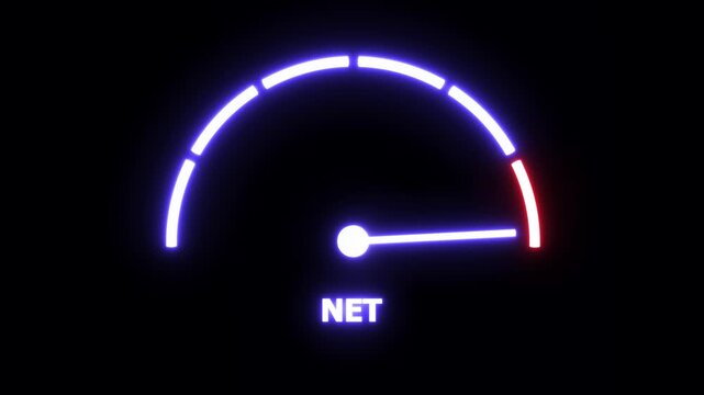 Dynamic digital speedometer gauge animation featuring a glowing neon needle indicating network performance and fast internet connection speeds for modern technology data visualization and ui
