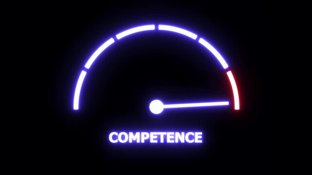 Dynamic neon competence gauge animation featuring a glowing progress meter rising to maximum capacity for corporate performance, skill assessment, and business success data visualization concepts