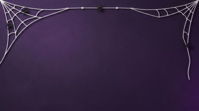 Halloween spiderwebs with small spiders on a dark purple background with copy space