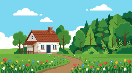 Naklejka premium A picturesque flat design vector illustration of a quaint country cottage exterior, nestled harmoniously beside a lush green forest with a winding path. 