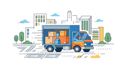 Naklejka premium Delivery truck with cardboard boxes driving through city streets