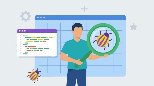 Software testing and debugging concept with programmer and bug icons