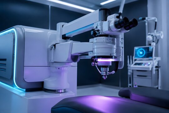 Advanced laser eye surgery machine with sterile blue and purple lighting in a modern operating room