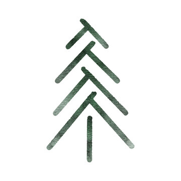 Cute abstract evergreen trees. Spruce with green needles. Hand drawn watercolor fir illustration for card, pattern and modern things. Bright stylized wonderland forest.