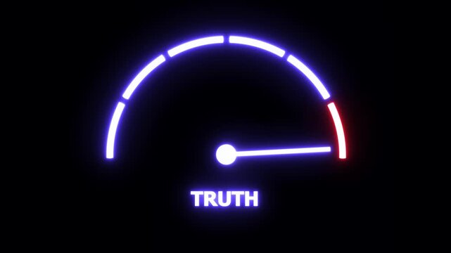 Neon glowing truth gauge meter animation featuring a moving indicator needle rising toward a red warning zone, representing fact checking, honesty, transparency, data accuracy, and digital