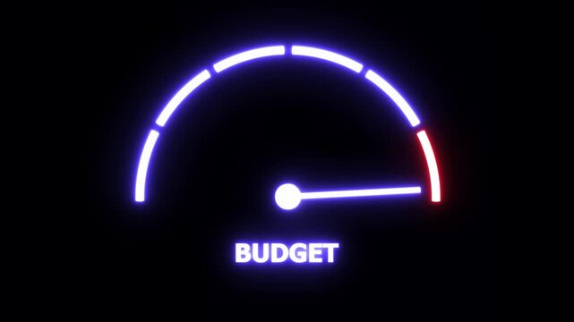 Neon glowing budget gauge meter animation showing financial limits and economic constraints with moving indicator needle for corporate business presentations and financial planning data visualization
