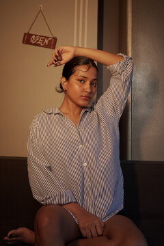 Fashion shoot of young blond girl .