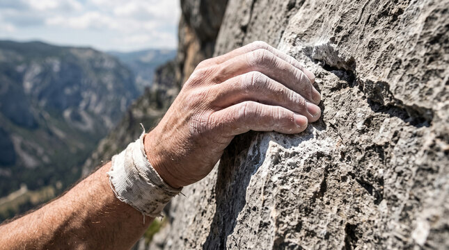 Experienced rock climber gripping sharp mountain granite surface with chalk covered hands during sunny outdoor ascent