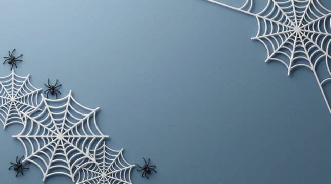 Spooky spiderwebs with small black spiders arranged on a cool blue background during Halloween