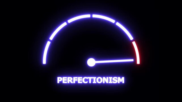 Dynamic neon gauge meter visualizing perfectionism levels with glowing blue and red indicator needle motion, representing standards, obsessive attention to detail, and psychological performance