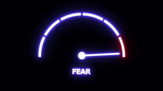 Neon glowing fear gauge meter animation rising to maximum level on dark background, conceptual visualization of anxiety, panic, phobia, stress, risk assessment, and emotional intensity indicator