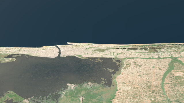 Oblique aerial 3D illustration of Cotonou, Benin. Contains modified Copernicus Sentinel data (2023). Surface/elevation: ESA/Copernicus.