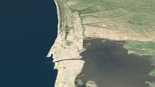 Oblique aerial 3D illustration of Cotonou, Benin. Contains modified Copernicus Sentinel data (2023). Surface/elevation: ESA/Copernicus.