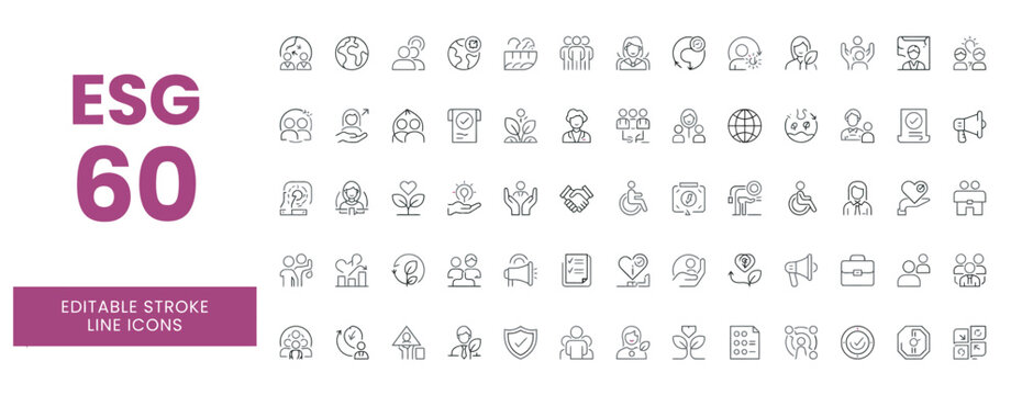 Esg icons collection featuring sixty editable stroke line symbols for environmental social and corporate governance.