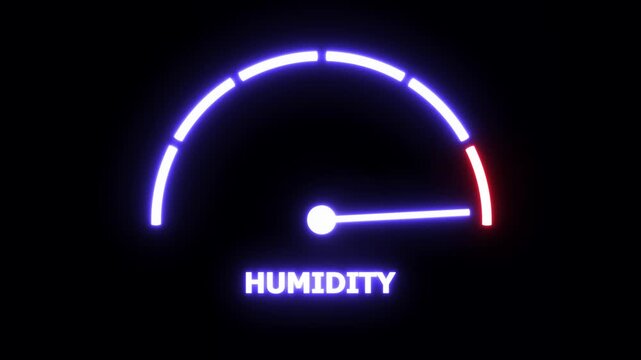 Dynamic neon humidity gauge indicator animation featuring a glowing digital needle moving across a high-contrast interface for weather monitoring, environmental science, and climate control data