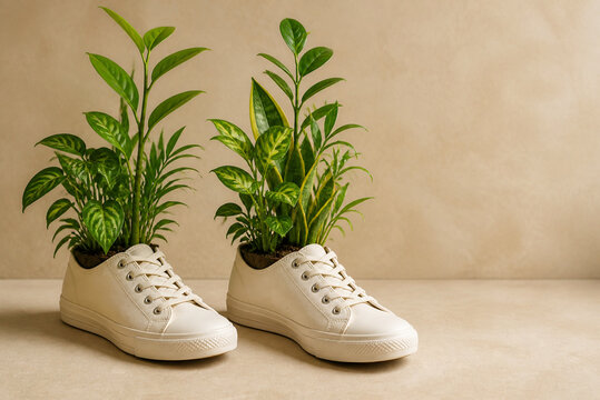 Fresh houseplants growing from a pair of sneakers