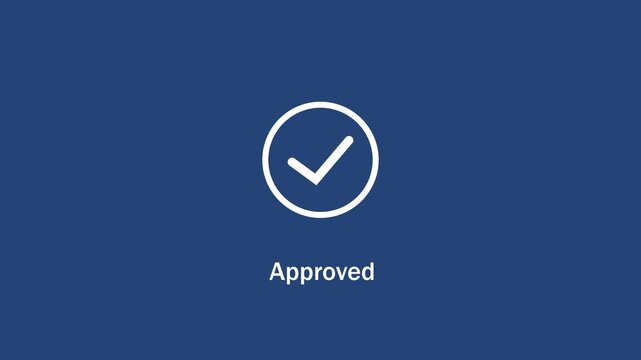 Minimalist approved checkmark animation on a solid blue background, motion for user interface digital confirmation symbol for business software and web applications