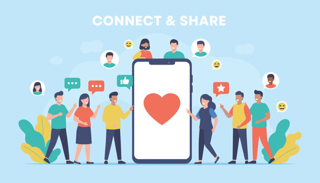 Global online community connecting and sharing positive emotions around smartphone displaying huge heart symbol.