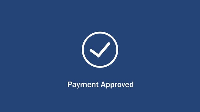 Digital payment approved animation featuring a minimalist white checkmark on a solid blue background, representing successful financial transaction confirmation for e-commerce and banking interfaces