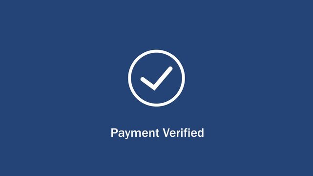 Payment verified animated featuring a clean minimalist white checkmark on a solid navy blue background, for e-commerce checkout, success confirmation and, secure digital transaction ui