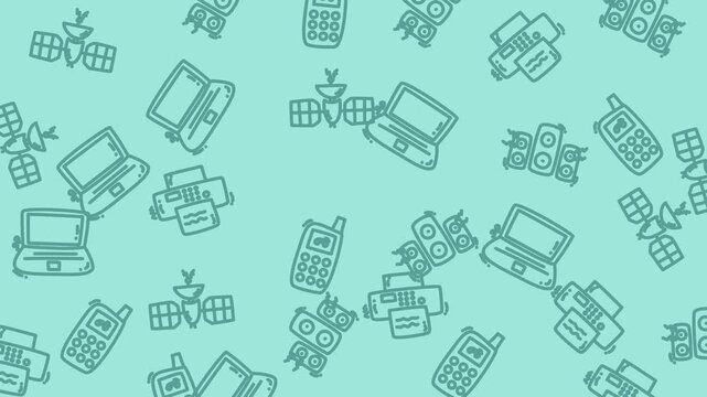 Satellites, laptops, printers, cellphones, speakers in a turquoise background with technology digital icons, perfect for techrelated designs. Suitable for techthemed backgrounds and designs.