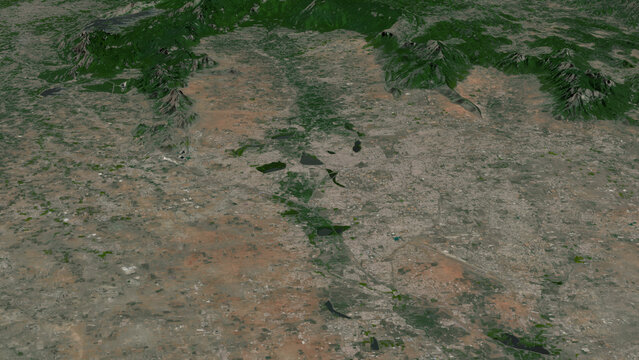 Oblique aerial 3D illustration of Coimbatore, India. Contains modified Copernicus Sentinel data (2023). Surface/elevation: ESA/Copernicus.