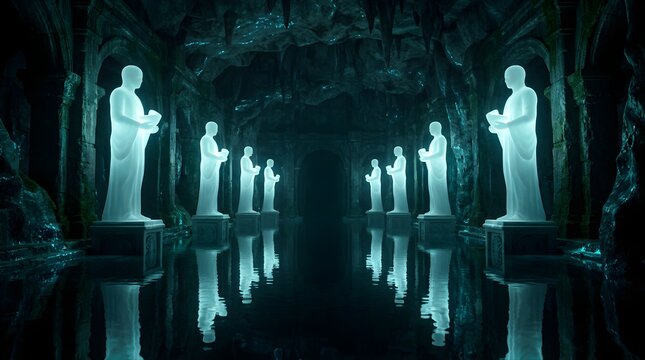 Glowing humanoid figures standing in an ancient dark subterranean cavern