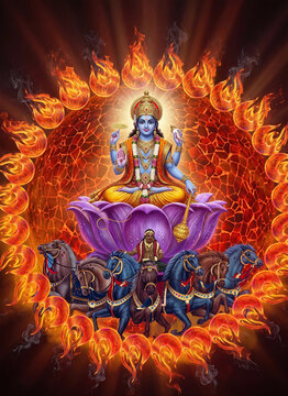 Majestic sun god from Indian mythology seated on a lotus chariot with a beautiful divine aura