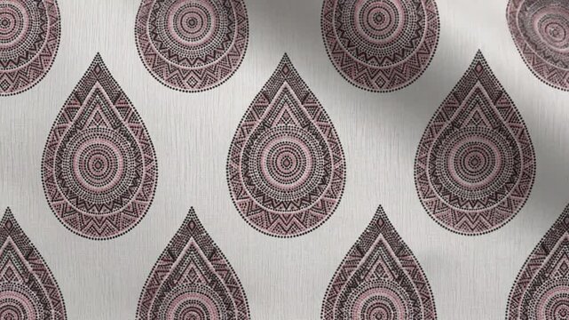 Rippling Fabric with Pink and Grey Teardrop Mandala Tribal Pattern
