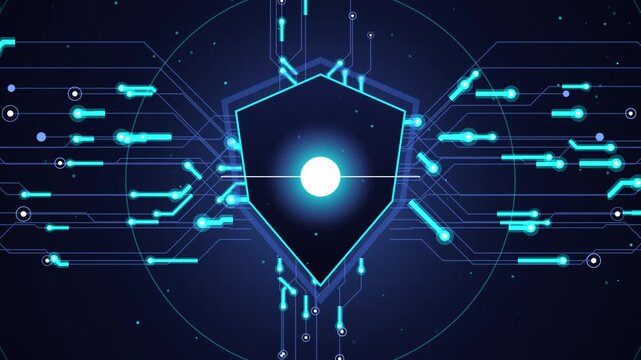 Digital shield icon with glowing blue circuit board lines